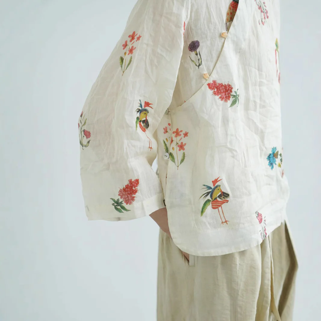 Original tea room new Chinese stand-up collar ramie top, Guochao wide-sleeved digital printed sunshade shirt S25155 - Deanwangkt