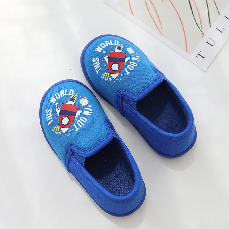 DEANWANGKT Cartoon Boy Rocket Thick Bottom Indoor Non-Slip Home Covered Heel Slippers Children's Cotton Cloth Pumps Foot Changing Floor Slippers - Deanwangkt