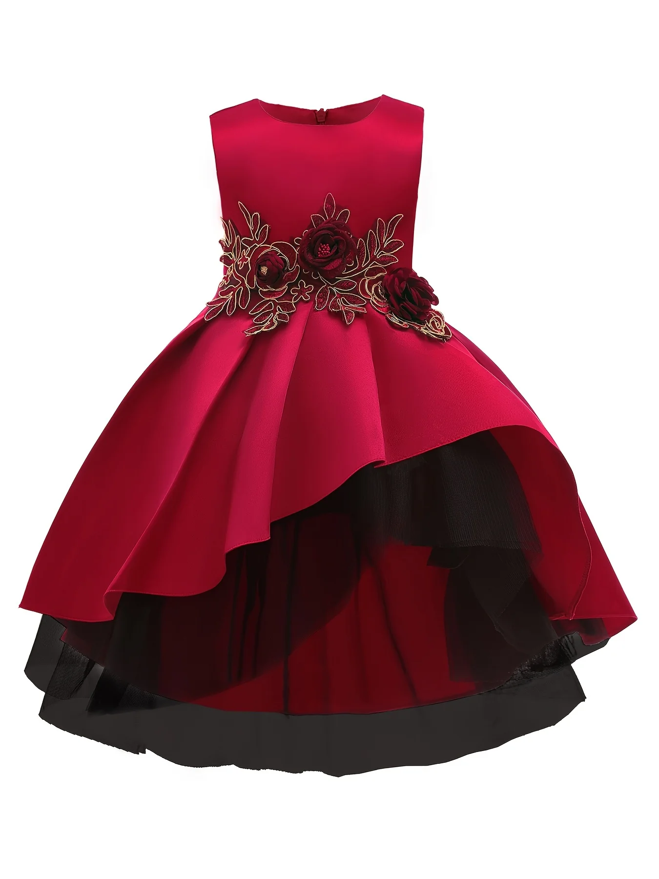 Girls Princess Dress, 3D Floral Design Sleeveless Mesh Hem Formal Dress For Pageant Gown Christmas Birthday Evening Party Wedding Piano Performance Kids Costume - Deanwangkt