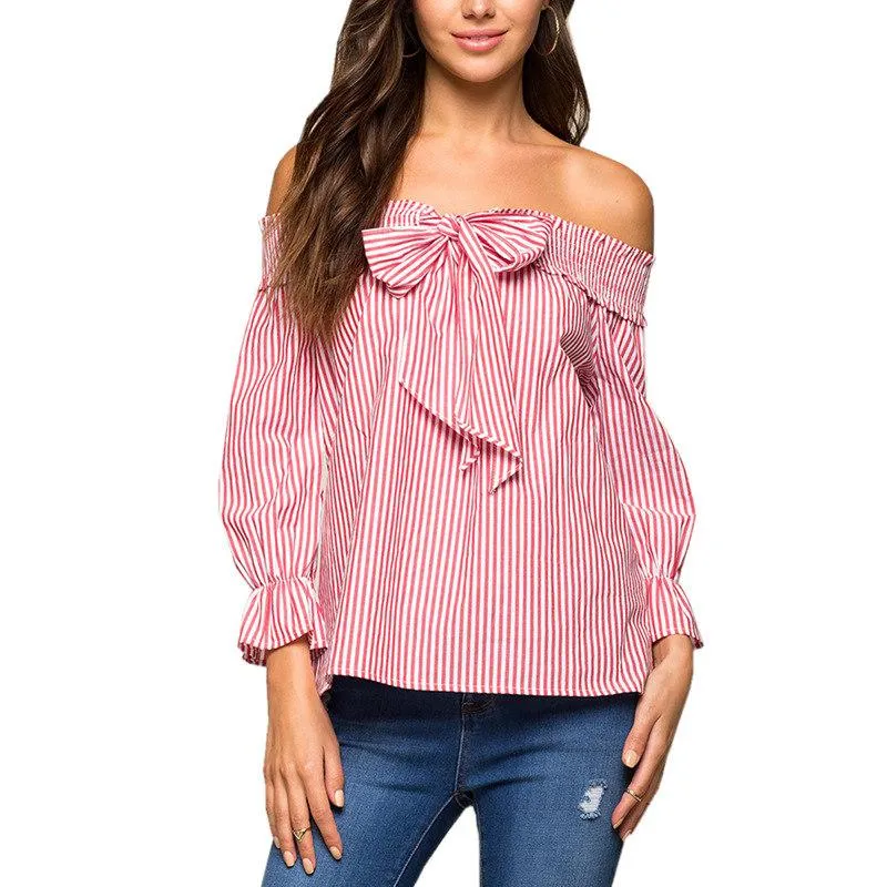 Sexy Off Shoulder Blouse Summer Women Bow Slash Neck Long Sleeve Blue Vertical Striped Shirt Blusas Casual Tops Plus Size - Deanwangkt