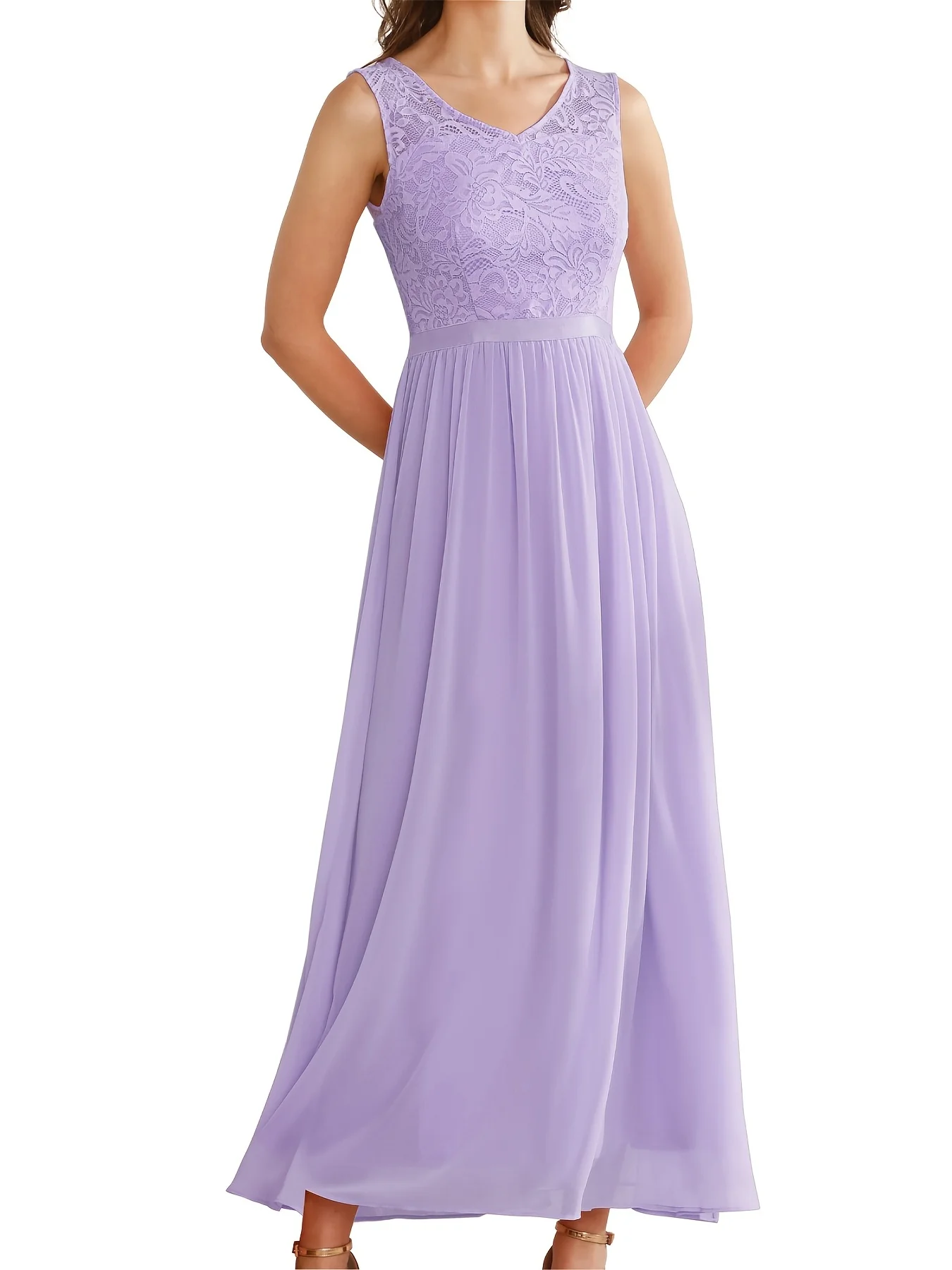 Alluring Solid Lace V-Neck Aline Dress - Timeless Sleeveless Design for Weddings & Special Occasions - Bridesmaids & Formal Events - Womens Clothing - Deanwangkt