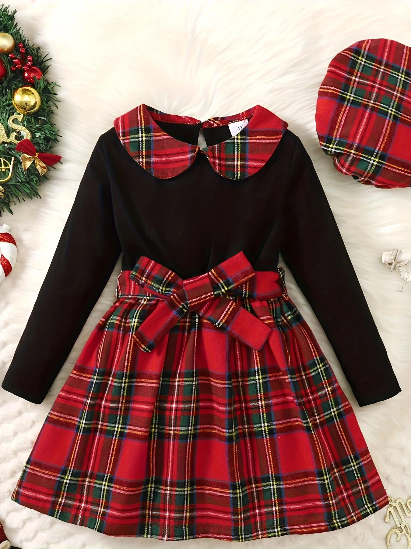 2-Piece Christmas Dress Set for Girls - Splicing Plaid Dress with Bow Belt and Plaid Beret Hat - Perfect for Fall Party, Holiday Outfit, and Winter Fashion for Kids - Deanwangkt