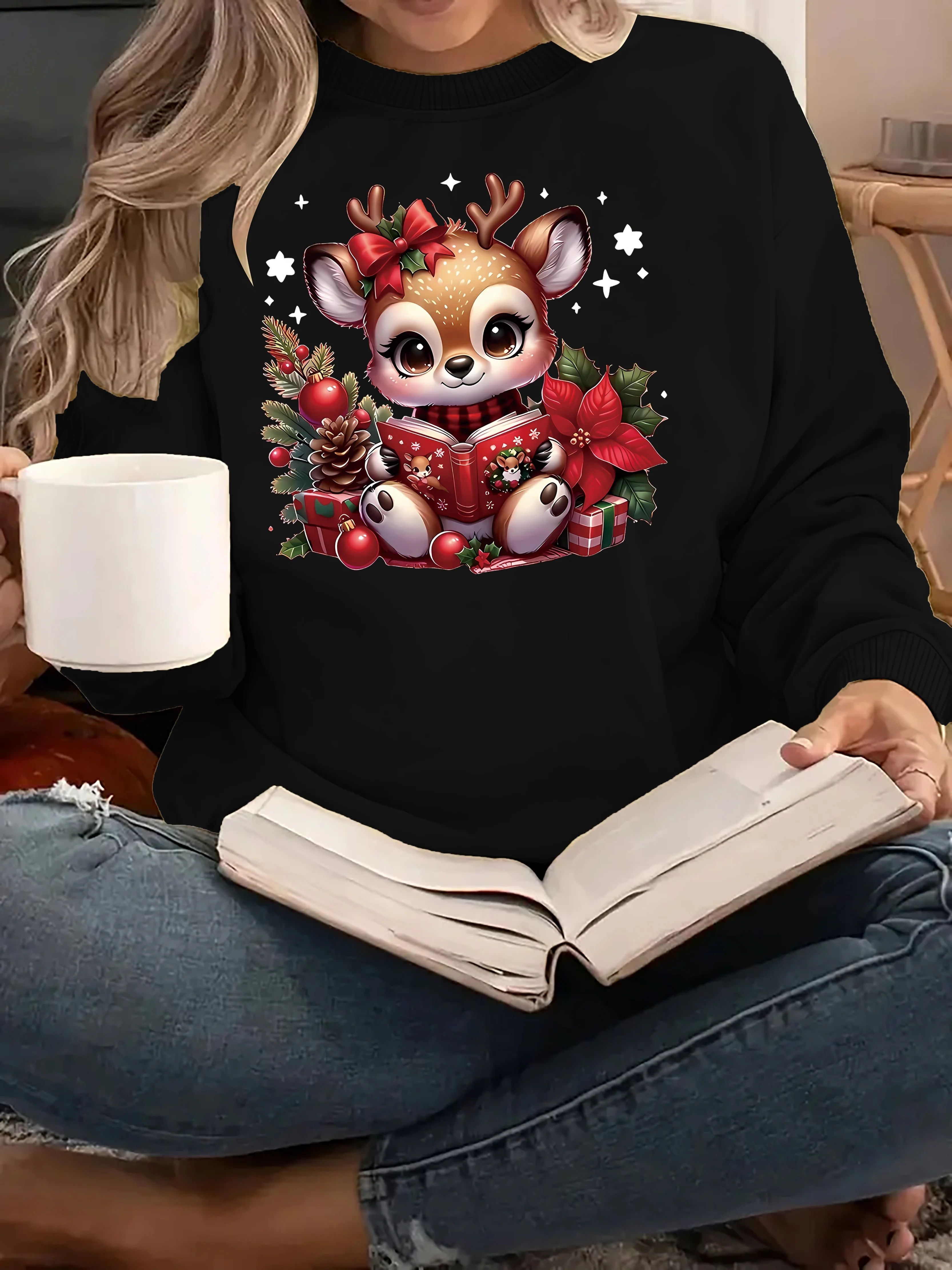 Women's Cozy Christmas Reindeer Sweatshirt - Casual Crew Neck, Long Sleeve Pullover with Festive Print, Machine Washable Polyester Knit Fabric - Deanwangkt