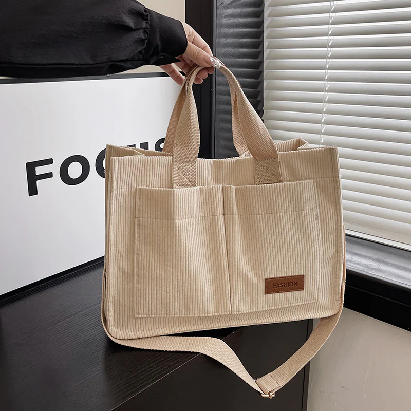 DEANWANGKT 2025 New autumn and winter commuter portable tote bag women's versatile strip velvet shoulder bag large capacity trendy wide shoulder strap messenger bag bag - Deanwangkt