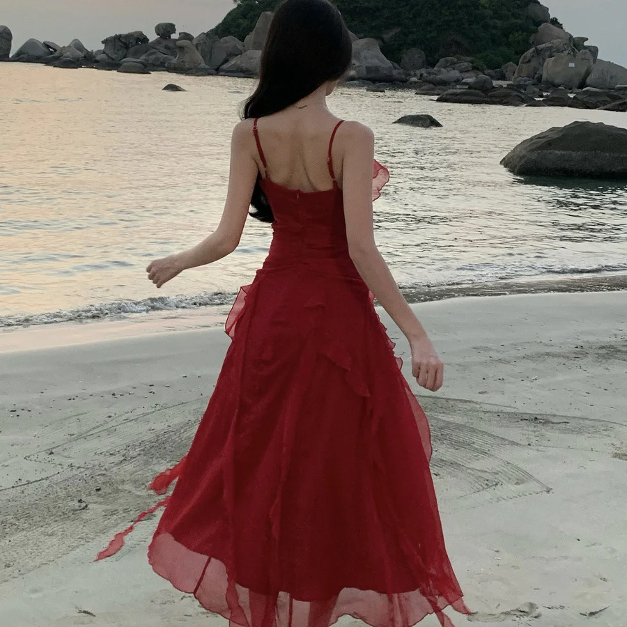 2025 vacation style retro suspender dress red engagement dress dress waist thin ruffle edge beach dress - Deanwangkt