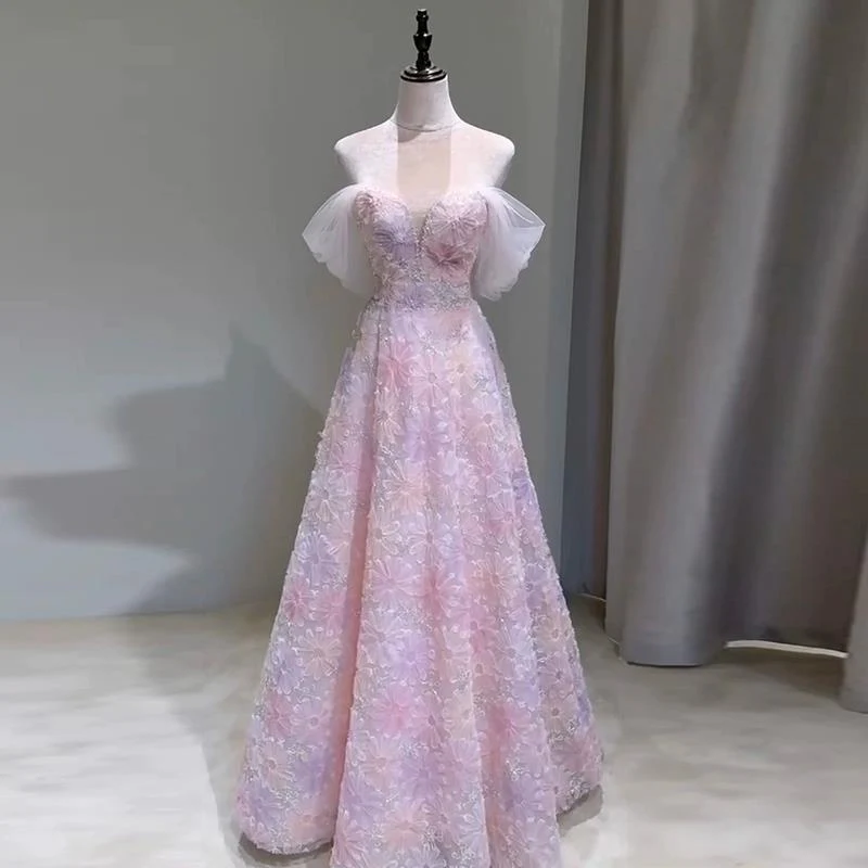 2025 Banquet evening dress 2025 new one-word shoulder sweet tie birthday banquet long dress bride engagement banquet return door dress - Deanwangkt