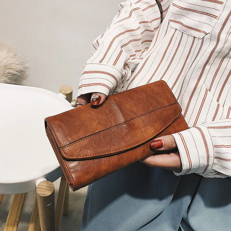 deanwangkt - Vintage Trifold Wallet Women Long PU Leather Wallet Female Clutch Purse Hasp Female Phone Bag Girl Card Bags Ladies High Quality - Deanwangkt