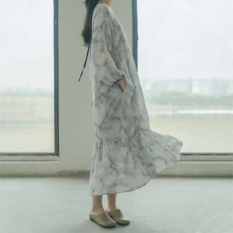 design literary and artistic smudged ramie fishtail dress, retro niche lace-up atmosphere long dress L22187 - Deanwangkt