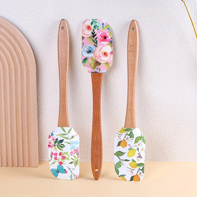 1pc Floral Print Silicone Spatula Set with Wooden Handle, Premium Kitchen Baking & Pastry Scraper, Non-Electric Home Cooking Utensil for RV Interior Accessories - Deanwangkt