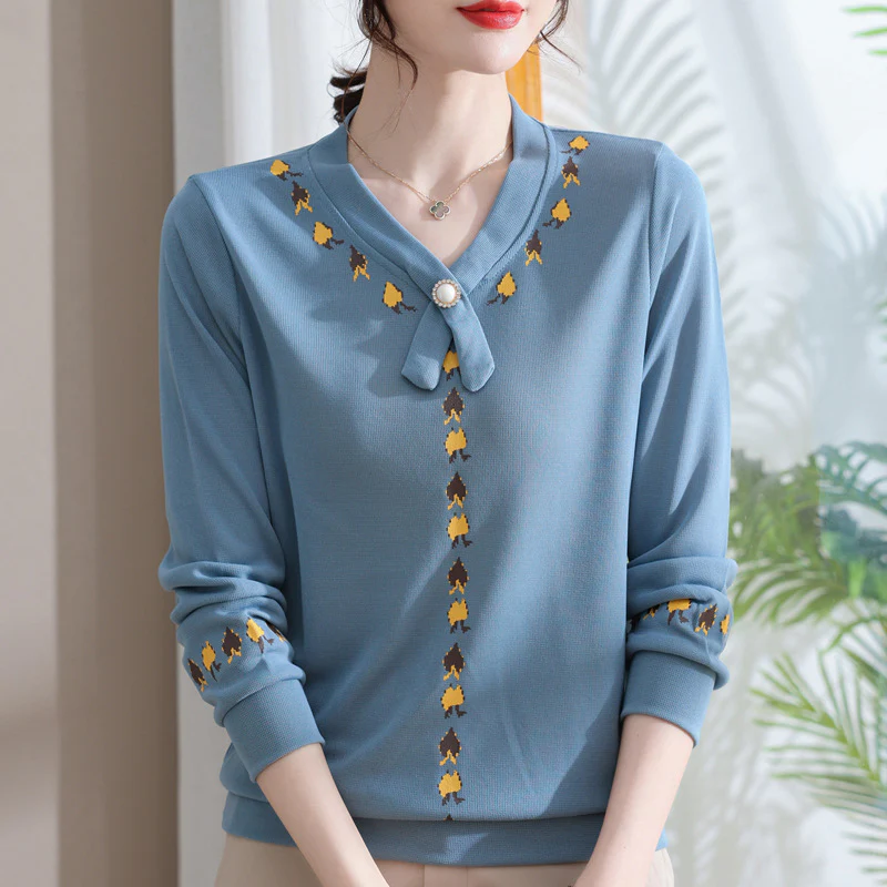DEANWANGKT  Mom Spring Wear Underwear Long-Sleeved T-shirt  New Middle-Aged and Elderly Women's Clothing Spring and Autumn Western Style Knitted Small Shirt Top - Deanwangkt