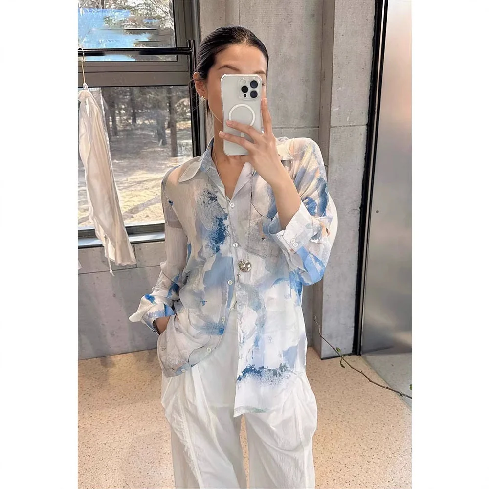 Siyuan design printing micro-transparent thin shirt women's long sleeves  spring and summer new loose casual top 7843 - Deanwangkt