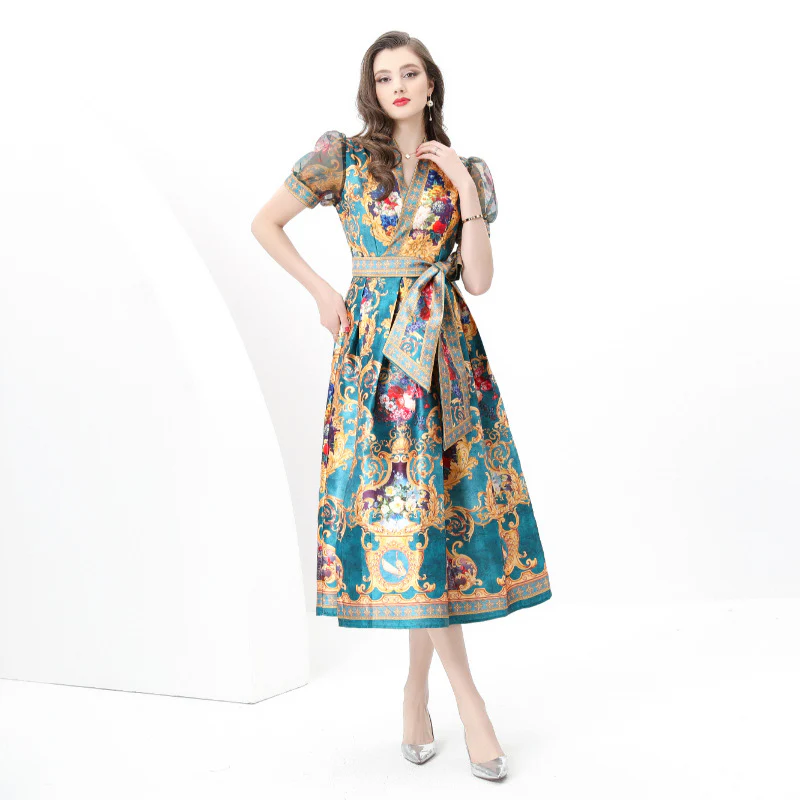 women's clothing court style V-neck strap waist mesh bubble sleeves printed big pendulum long dress - Deanwangkt