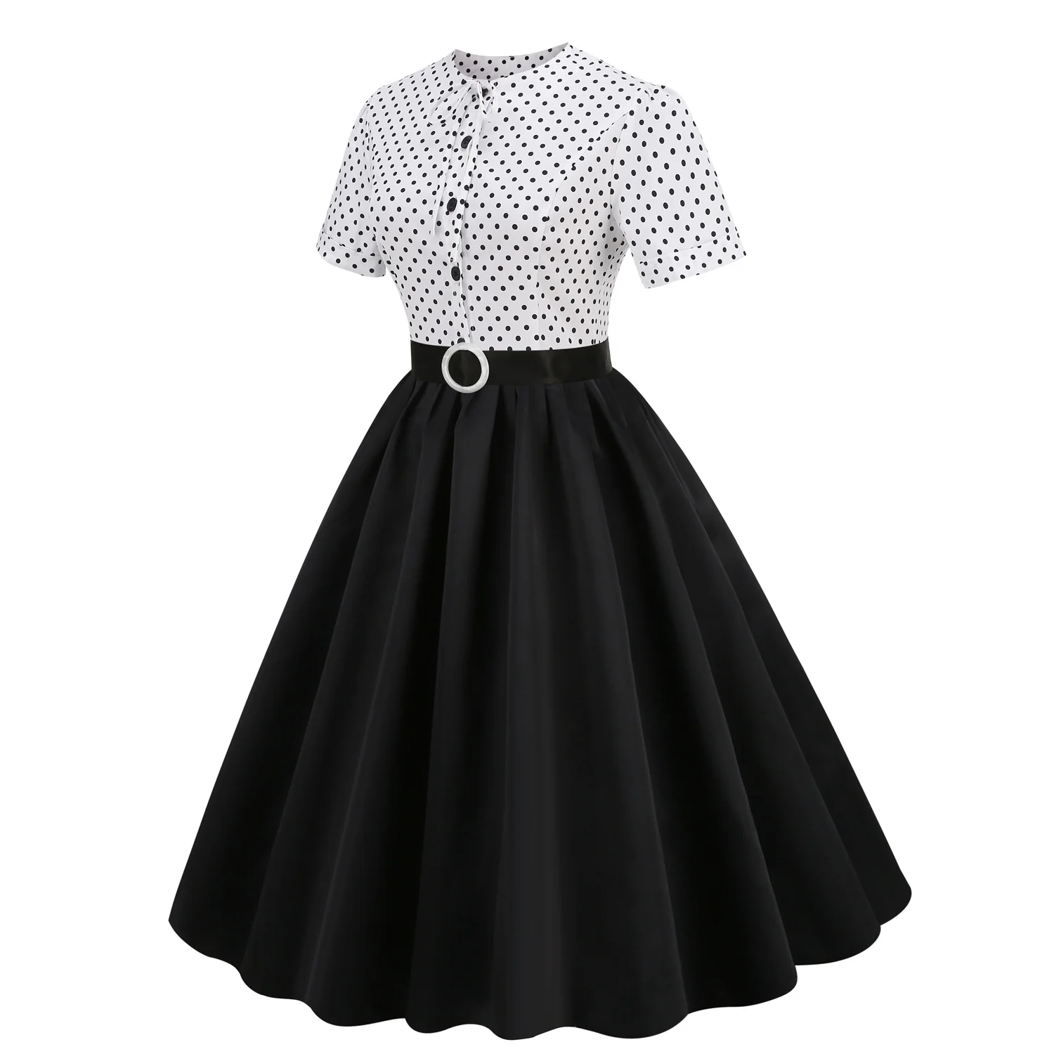 DEANWAQNGKT  European and American Hepburn Style Retro Dots Stitching Pleated Puffy Short Sleeve round Neck Mid-Length Dress  New Women - Deanwangkt