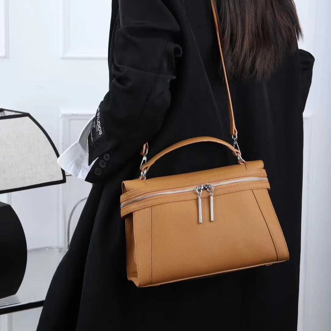 Leather women's bag first layer cowhide locomotive bag Kelly bag casual versatile handbag new togo leather double pull 765 - Deanwangkt