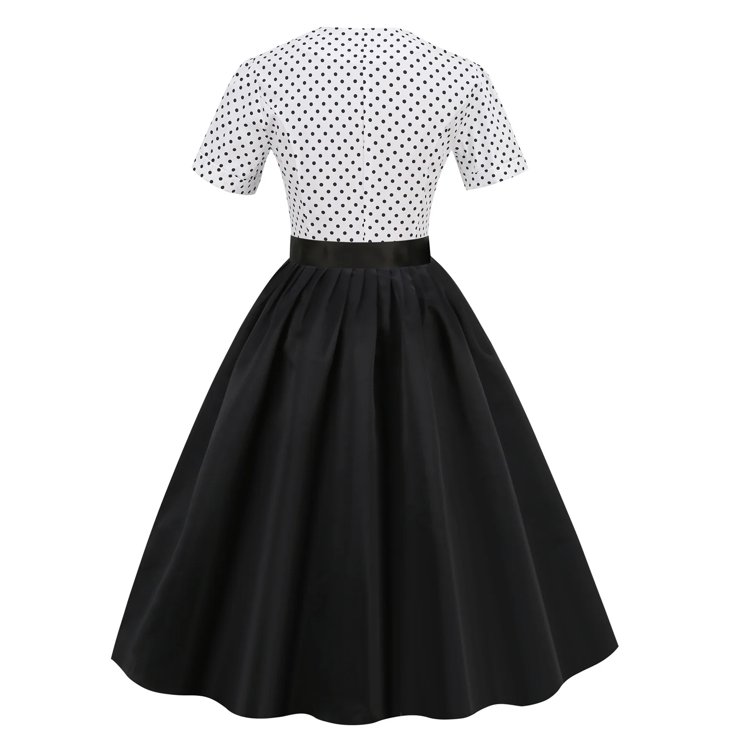 DEANWAQNGKT  European and American Hepburn Style Retro Dots Stitching Pleated Puffy Short Sleeve round Neck Mid-Length Dress  New Women - Deanwangkt