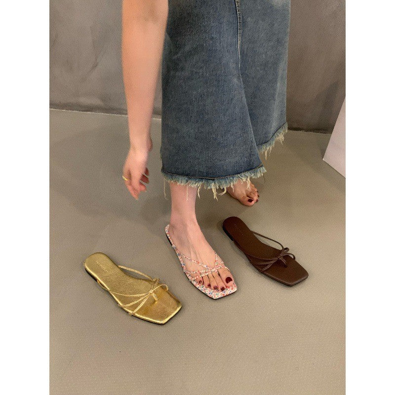 DEANWANGKT  Style Flat Bottom Flip-Flops Flip-Flops Fairy Shoes Outerwear  New Summer Beach Sandals Silver Sandals - Deanwangkt