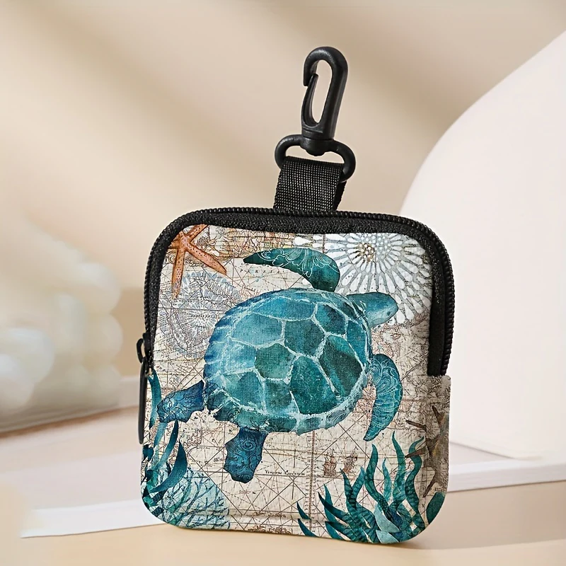 Multi-Pocket Turtle Print Hanging Coin Purse - Spacious Key Card Holder, Mini Earphone Storage Bag, Durable Polyester Material, Stylish Accessory for Daily Use - Deanwangkt