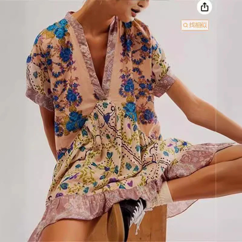 DEANWAQNGKT  Cross-Border European and American Independent Station Spring and Summer Women's Clothing Multi-Color Printed Striped Short Sleeve V-neck Dress - Deanwangkt