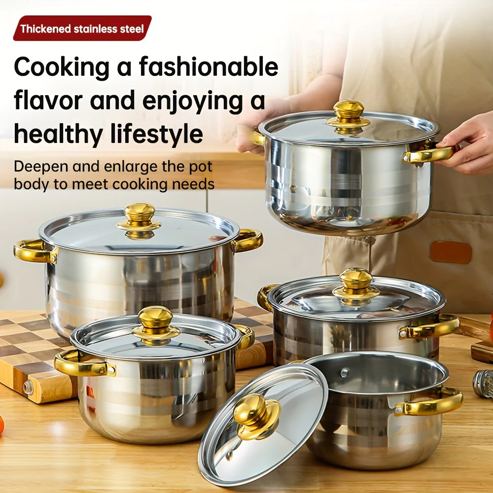 10pcs set of stainless steel pots, specifications are 6.69/7.68/8.54/9.33/10.04inch, stainless steel cooking pot, 5 pots + 5 pot lids, suitable for induction cookers and gas stoves, stainless steel double handle with lid, deep soup pot, suitable for - Deanwangkt