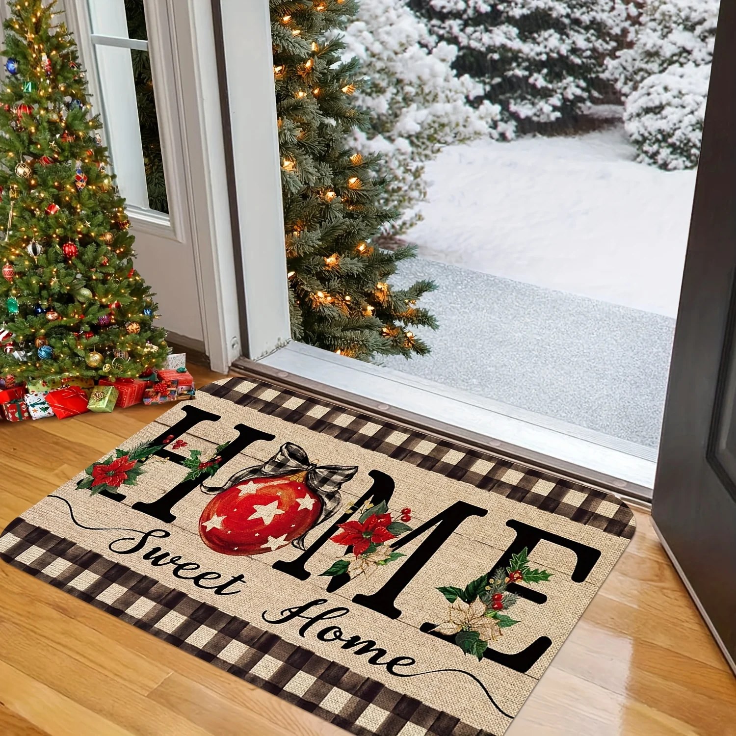 Christmas Welcome Door Mat with Bell & Floral Design - Non-Slip, Easy Clean, Stain Resistant, Machine Washable Flannel Memory Foam Rug for Living Room, Bedroom, Kitchen, Office - Festive Home Decor Funny Welcome Mat for Front Door, Christmas Decor - Deanwangkt