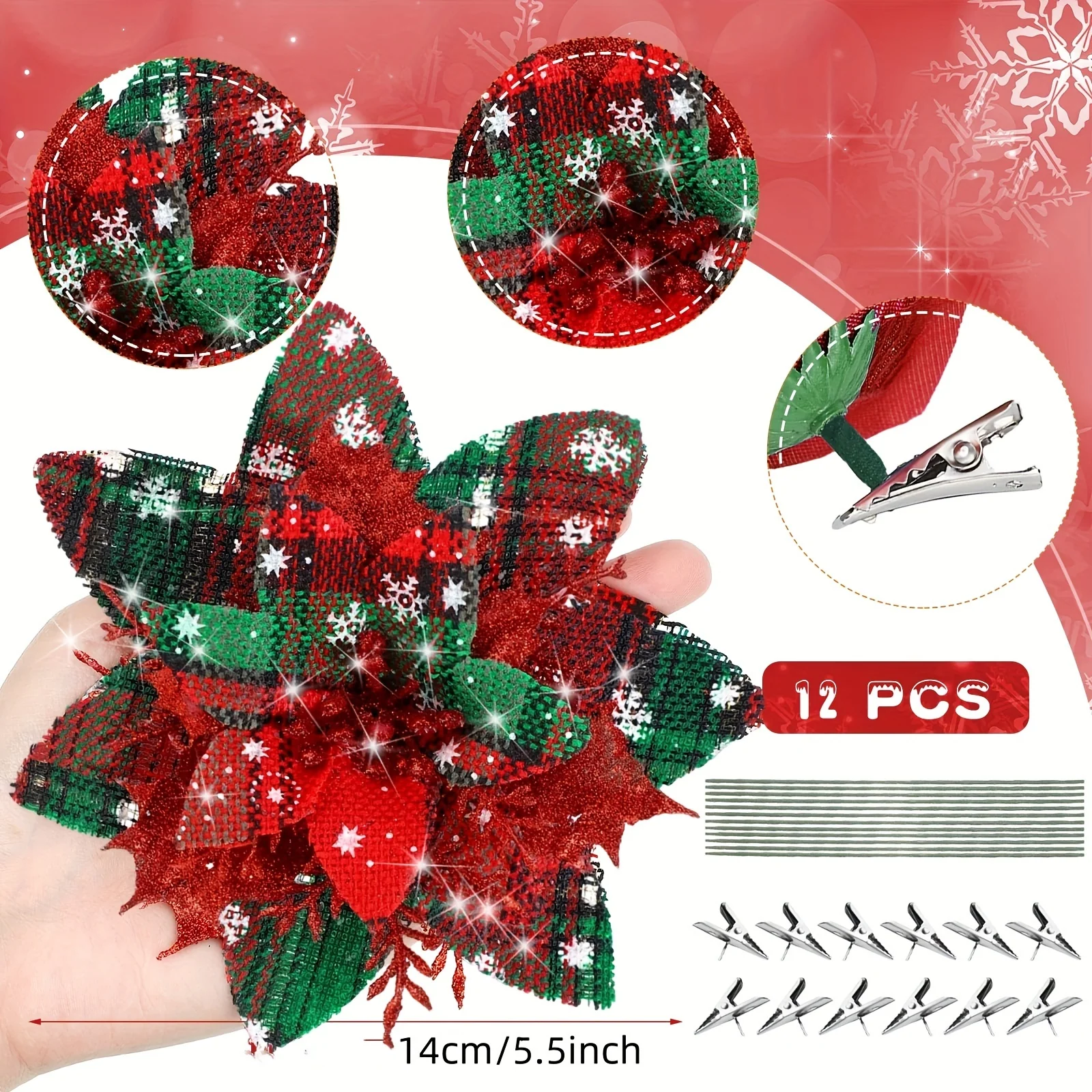 12pcs Glitter Poinsettia Christmas Ornaments with Clips & Stems - Artificial Xmas Flower Decorations for Tree, Wedding & Holiday Decor - Deanwangkt