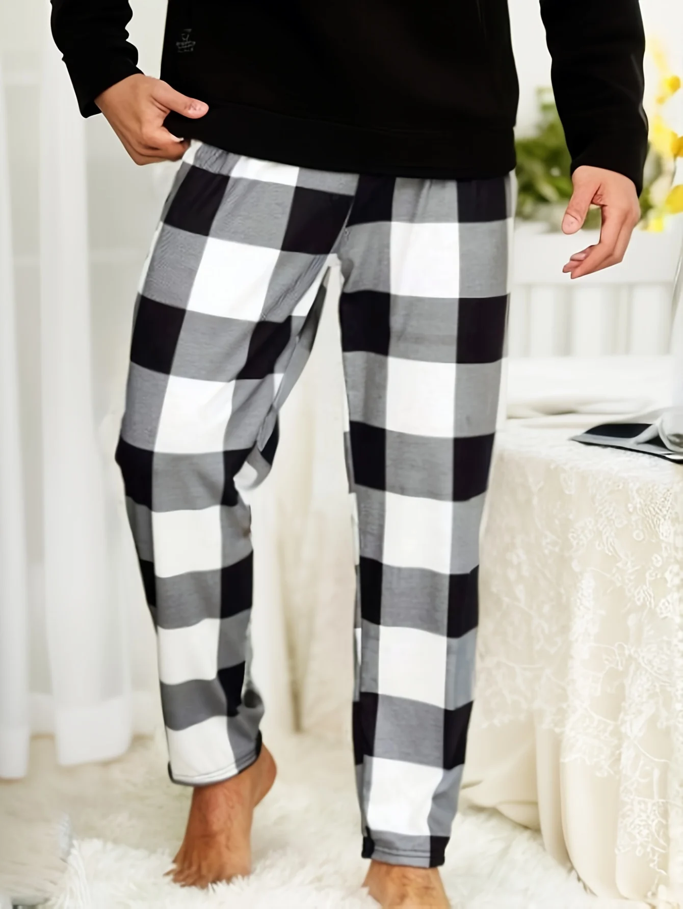 Men's Simple Style Plaid Pattern Casual Comfy Pants, Trendy Loose Stretchy Elastic Waist Home Pajamas Bottom, Suitable For Sleeping Home - Deanwangkt