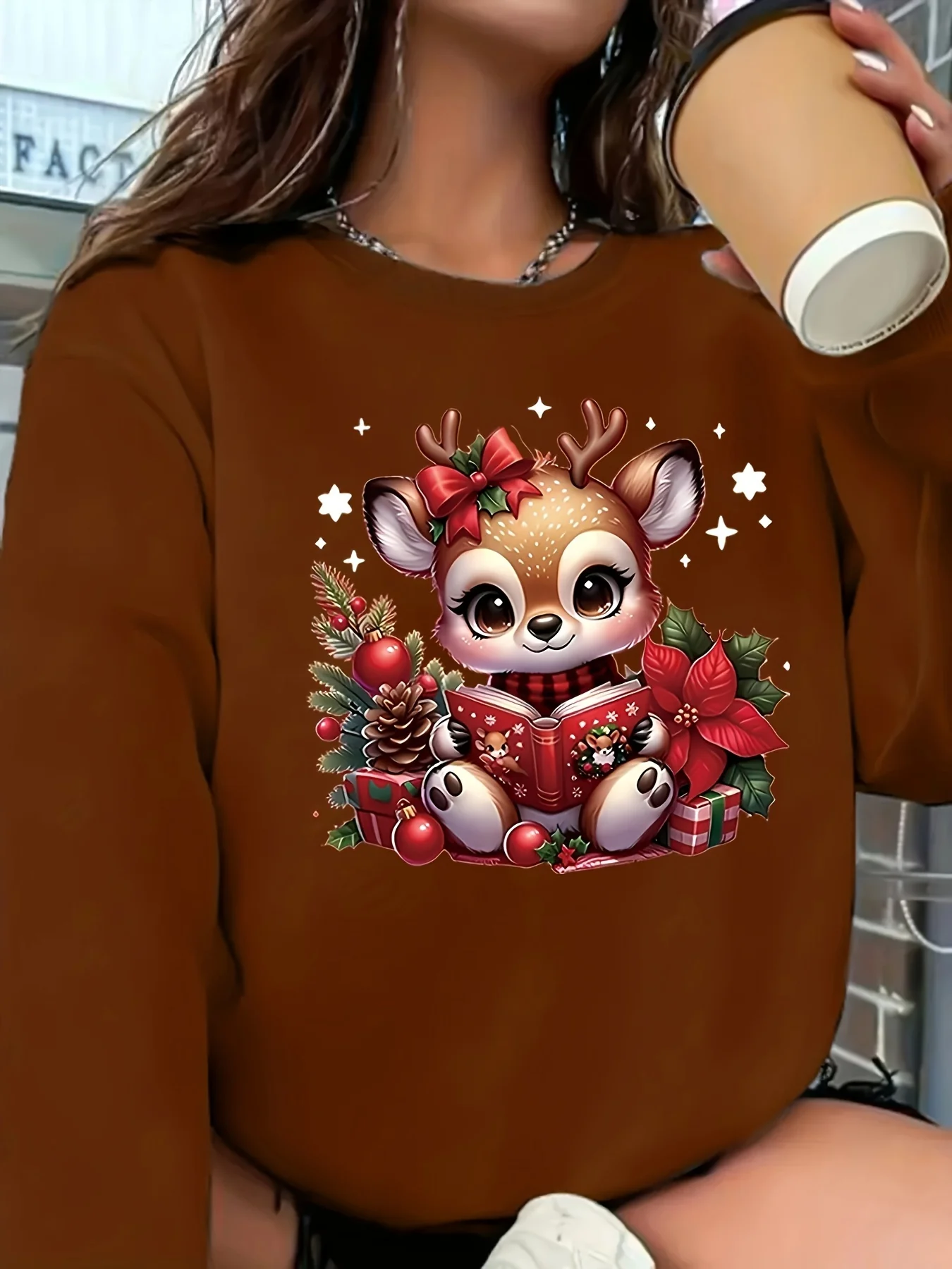 Women's Cozy Christmas Reindeer Sweatshirt - Casual Crew Neck, Long Sleeve Pullover with Festive Print, Machine Washable Polyester Knit Fabric - Deanwangkt