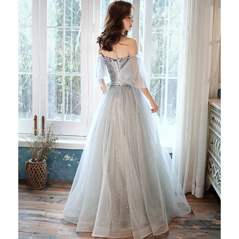 2025 One-word shoulder evening dress  new temperament long elegant fairy dream bridesmaid dress host banquet dress - Deanwangkt