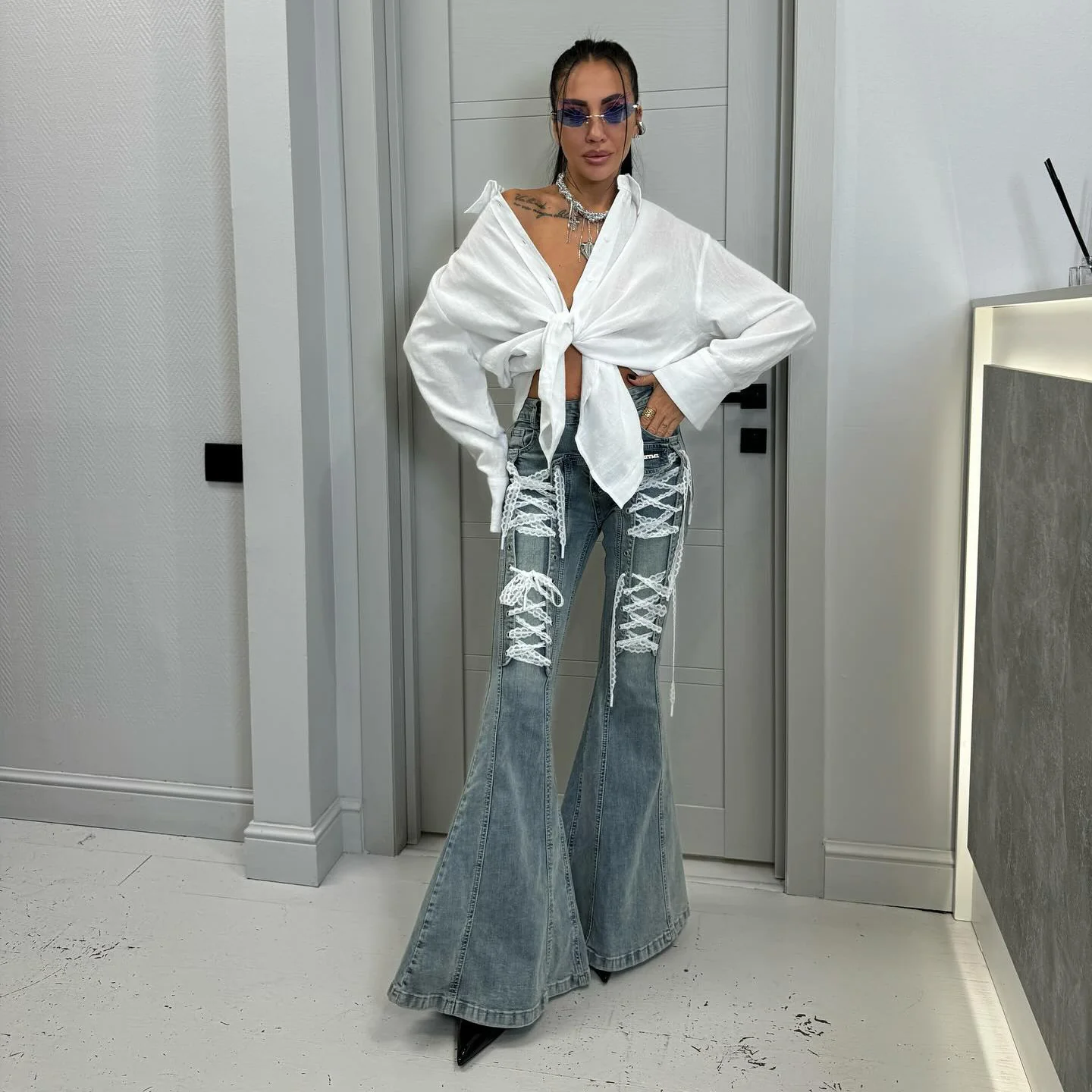 fashion trendy brand personalized retro tight lace lace-up flared jeans niche high-waisted versatile trousers women - Deanwangkt