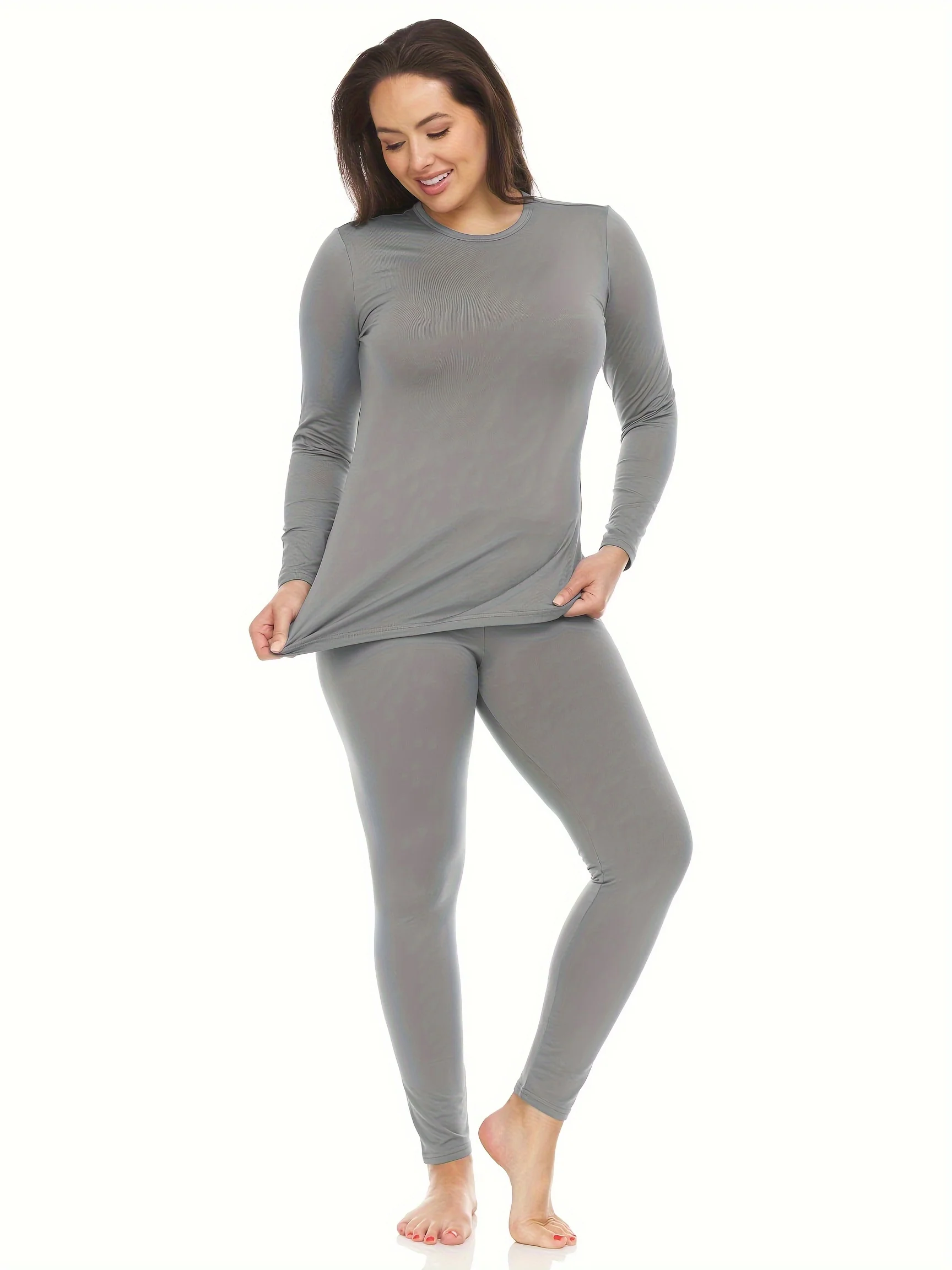 2Pcs Womens Thermal Underwear Set - Solid Color, Round Neck Long Sleeve Top & Stretch Leggings - Premium Base Layer Activewear for Cold Weather Comfort and Freedom of Movement - Deanwangkt