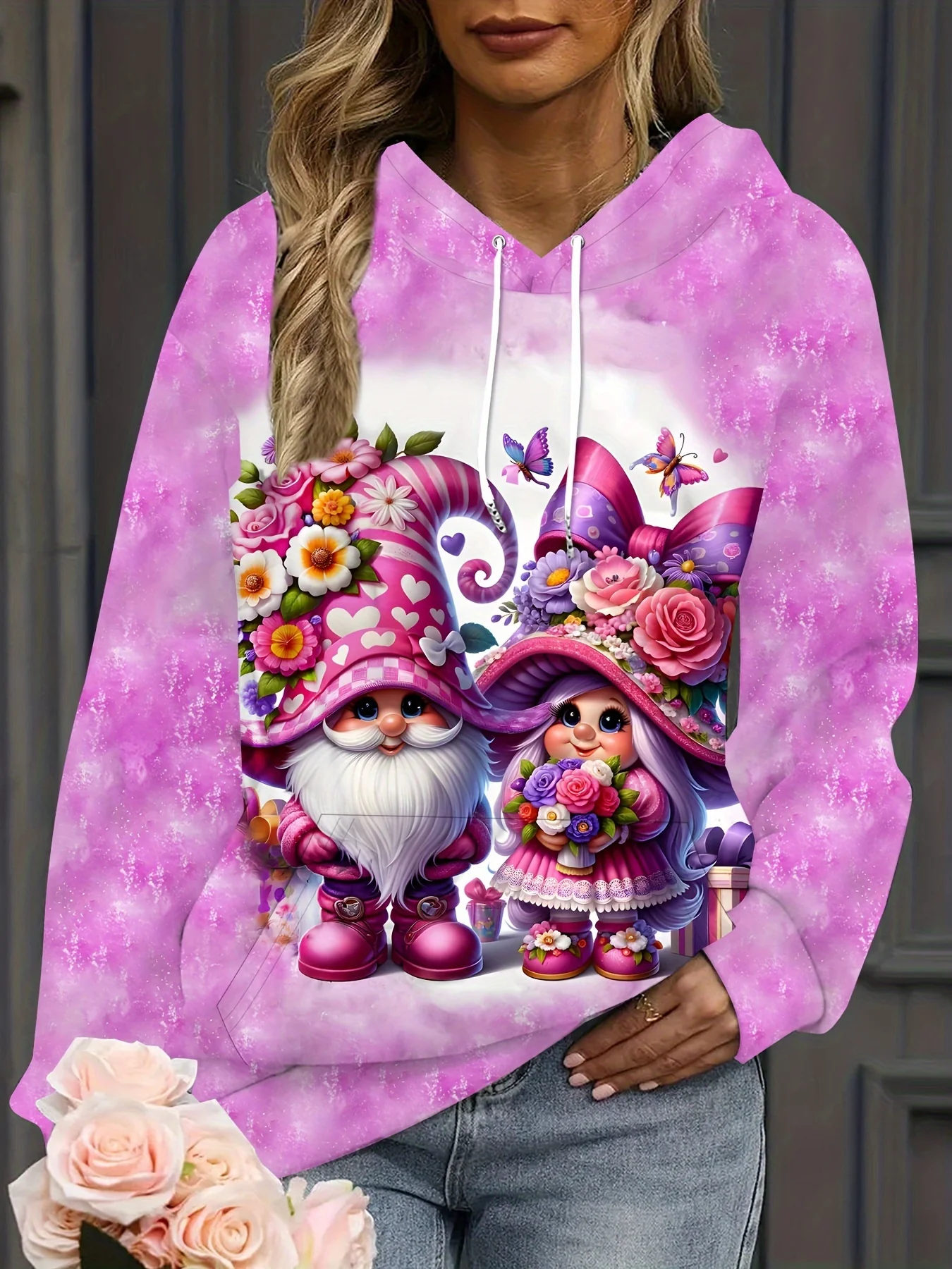 Women's Cute 3D Floral Fantasy Hoodie with Pocket - Polyester Blend Long Sleeve Pullover with Hood - Casual Knit Fabric Fashion Hooded Sweatshirt for All Seasons - Vivid Christmas Pattern Design - Deanwangkt