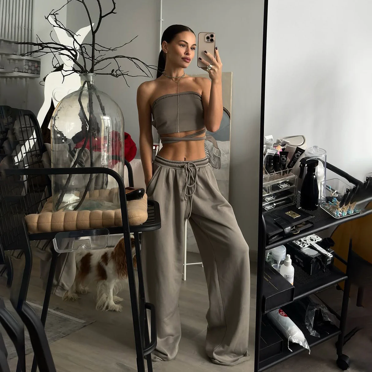 n hooded short jacket strappy tube top drawstring straight trousers sports suit casual sweater three-piece high street - Deanwangkt