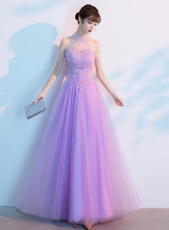 Solvbao Purple Tulle Beaded Floor Length A-line Prom Dress, Long Evening Dress Party Dress - Deanwangkt