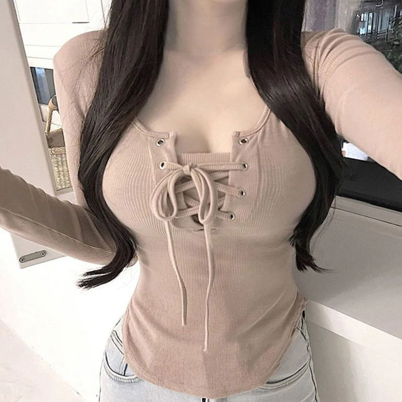 DEANWANGKT  Pure Desire Style Top Women's Chest-Flattering Lace-up  Spring and Autumn Craftily-Designed Bottoming Shirt Curved Tight Long-Sleeved T-shirt Women - Deanwangkt