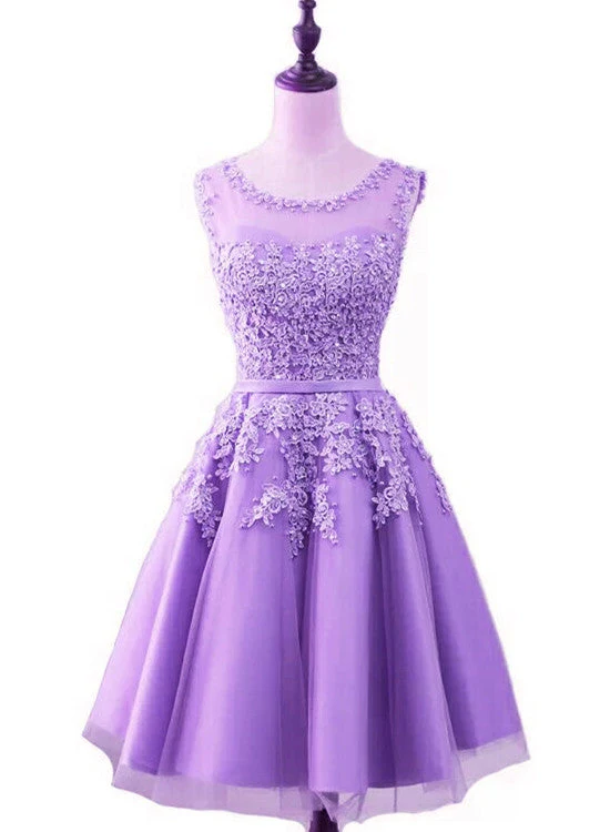 Solvbao Purple Short Tulle Beaded Round Neckline Knee Length Party Dress, Junior Prom Dress - Deanwangkt