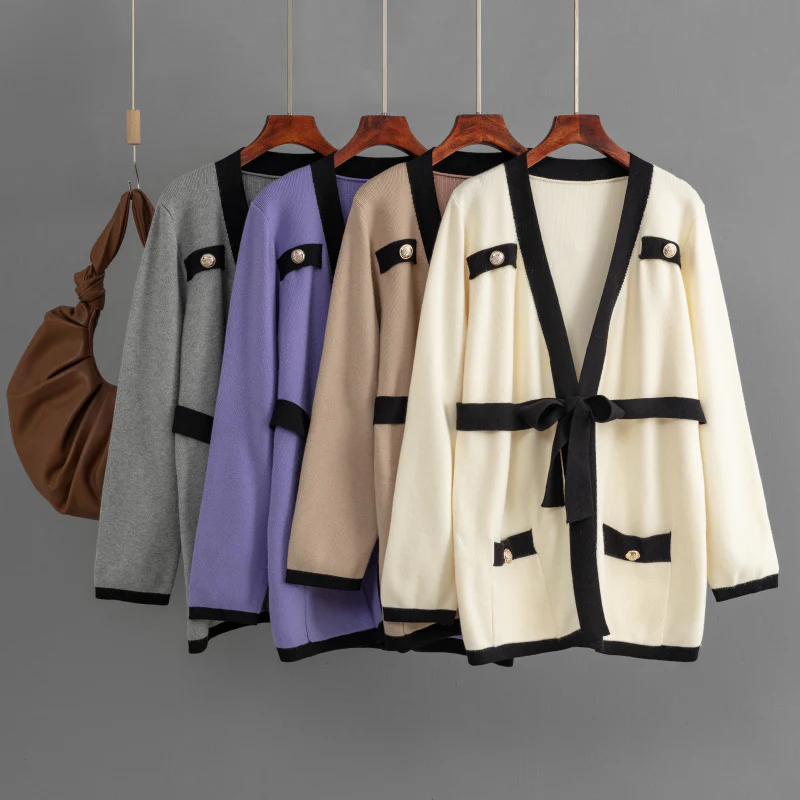 DEANWANGKT New New Women's Sweater Knitted Sweater V-Neck Contrasting Color Lacing Button Large Size Long Sleeve Commuter Fashion Cardigan - Deanwangkt