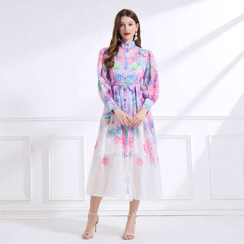 Two-piece set of  printed dresses, women's stand-up collar, long sleeves, waist straps, long dresses, niche  chiffon fairy dresses - Deanwangkt