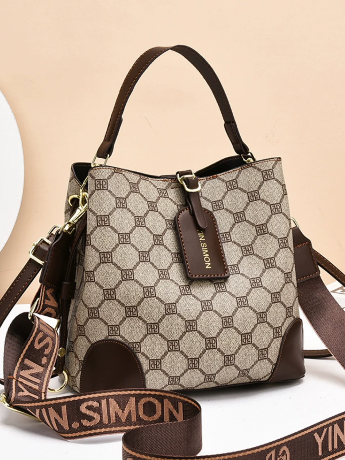 Women's bag  new fashion versatile light luxury printing retro contrasting color commuter bucket bag shoulder messenger bag - Deanwangkt