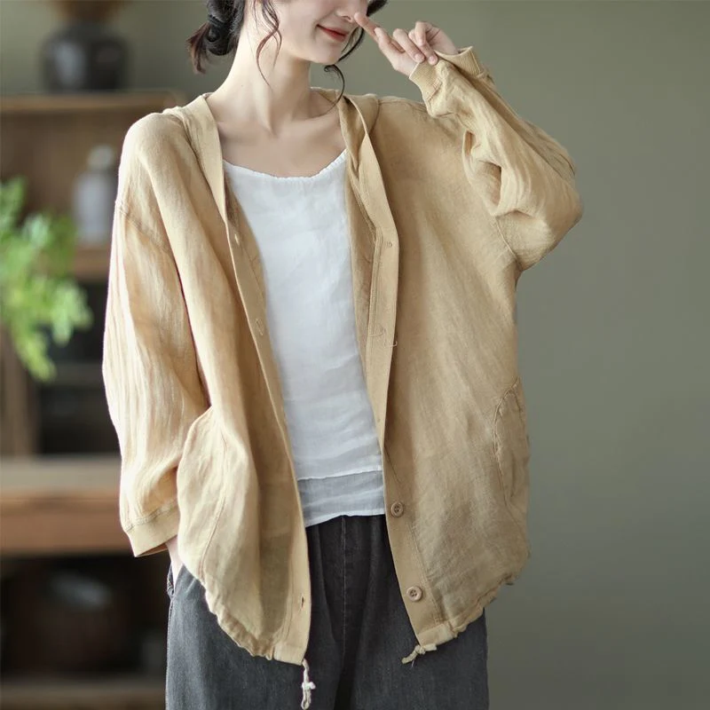Literary retro cotton and linen hooded jacket women's summer loose casual thin sunscreen shirt versatile long-sleeved cardigan top - Deanwangkt