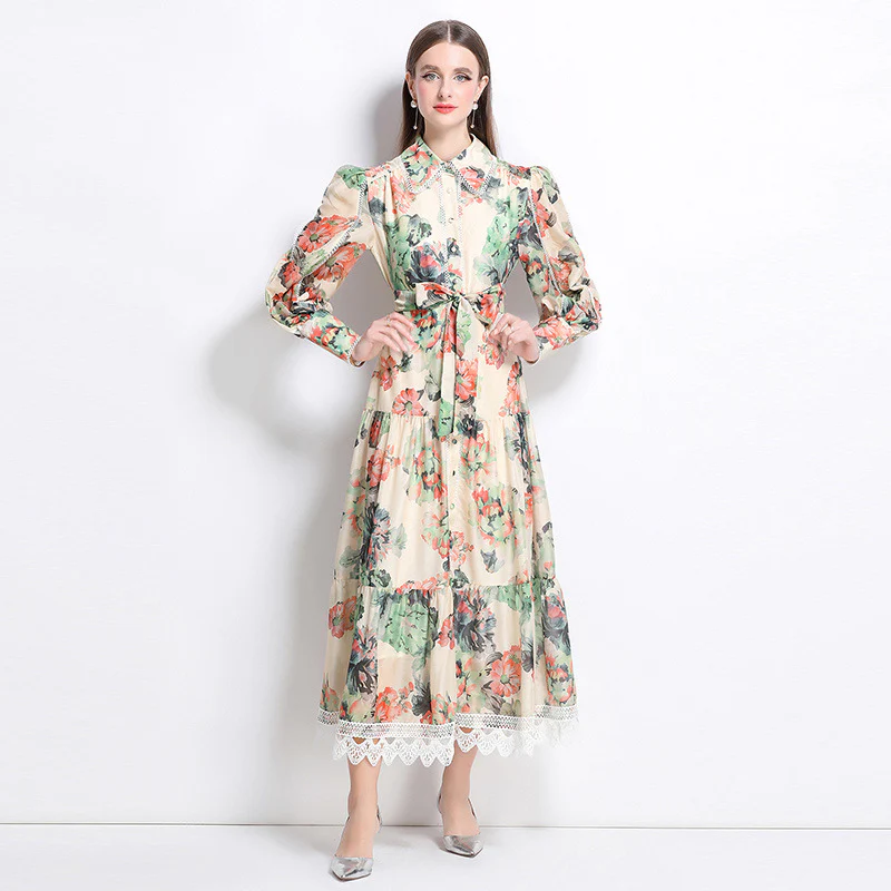 New new holiday style printing dress women's long-sleeved waist and thin temperament celebrity style long skirt - Deanwangkt