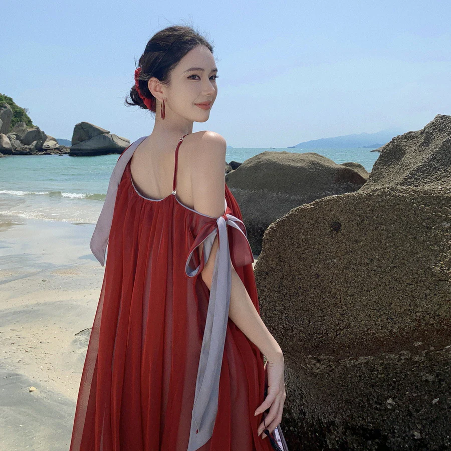 2025 niche slanted shoulder design sense super pendulum seaside vacation suspender skirt beautiful mesh super fairy strap dress - Deanwangkt