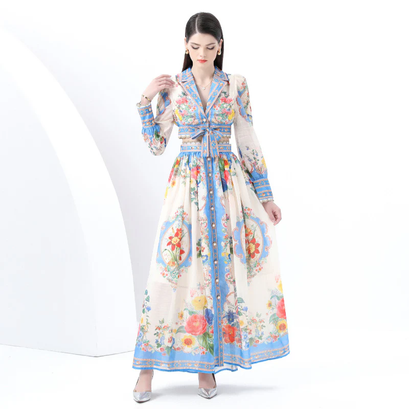 Popular, ,  New women's clothing vacation suit collar lace-up long-sleeved top + long high-waisted skirt - Deanwangkt