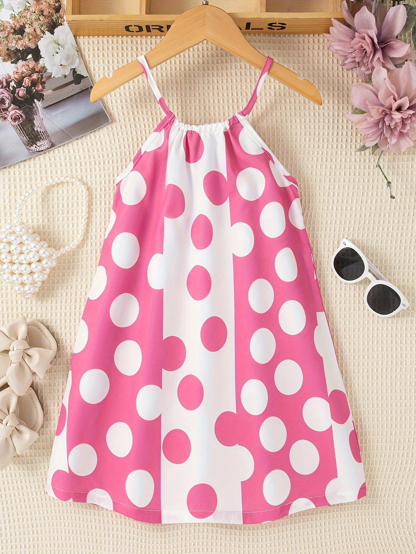 Girls Charming Polka Dot Summer Dress - Chic Thin Straps, Sleeveless, Vibrant Print, Regular Fit, Knee-Length - Ideal for Stylish Casual Outings - Deanwangkt