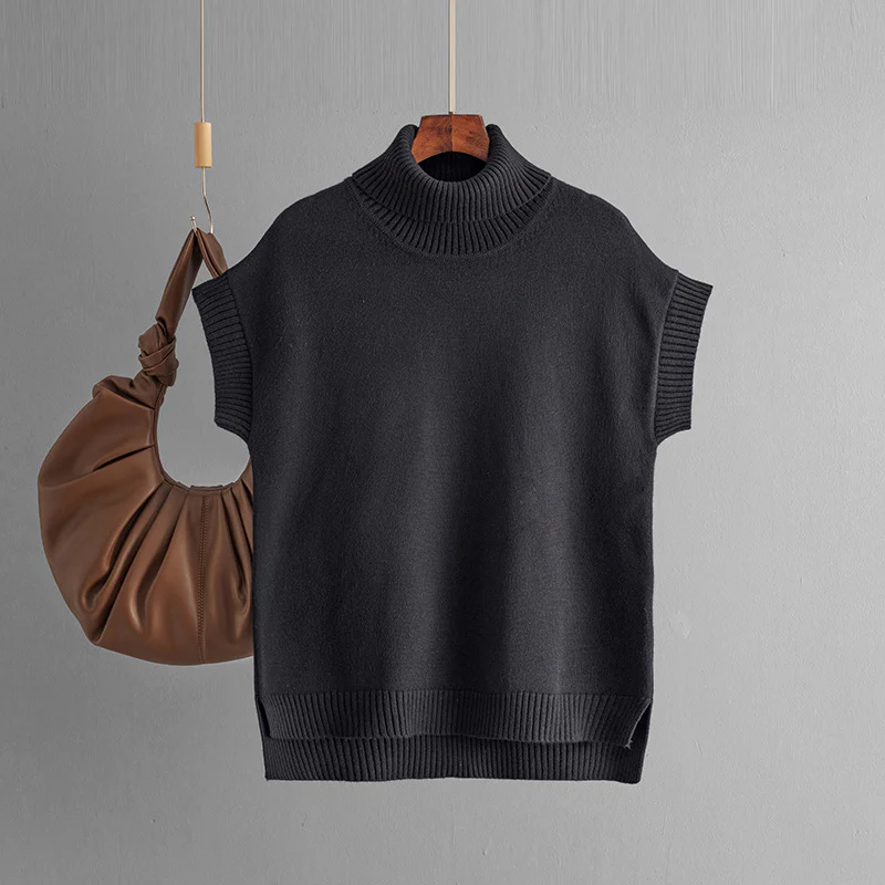 DEANWANGKT Cross-border women's clothing New autumn and winter new turtleneck solid color sleeveless pullover sweater loose knitted vest top - Deanwangkt