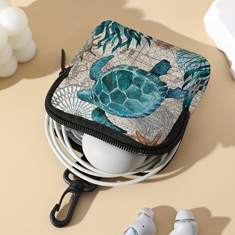 Multi-Pocket Turtle Print Hanging Coin Purse - Spacious Key Card Holder, Mini Earphone Storage Bag, Durable Polyester Material, Stylish Accessory for Daily Use - Deanwangkt