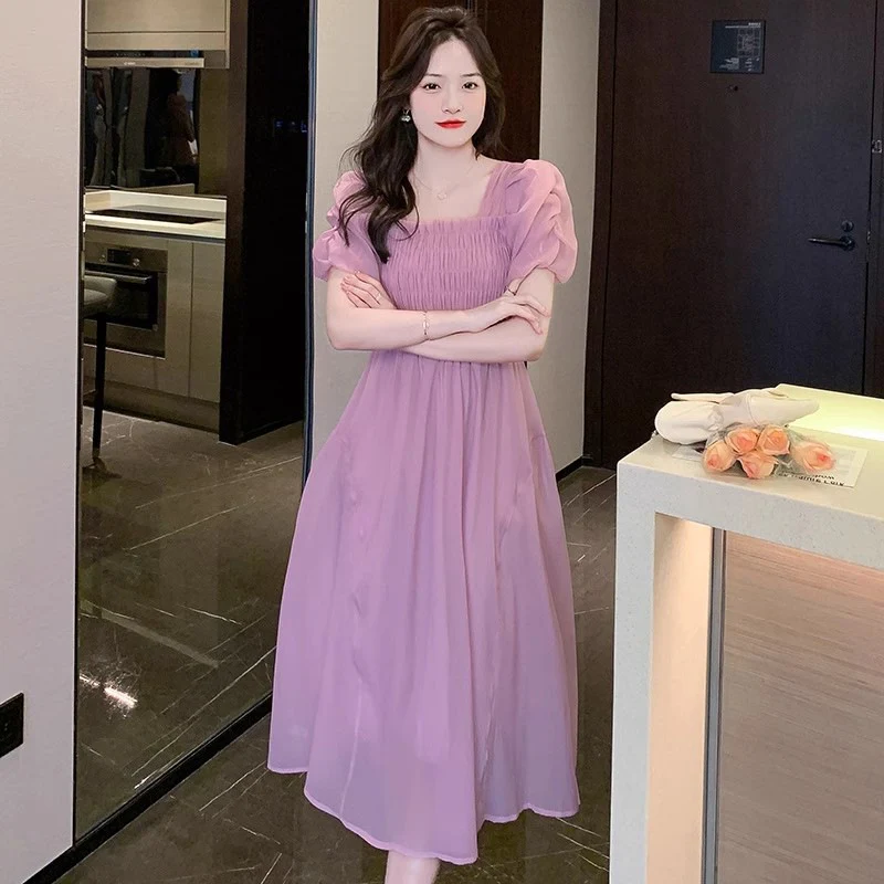 deanwangkt Women's Bubble Sleeve Chiffon Dress Summer  New Small Elegant  Tea Break Dress for Women - Deanwangkt