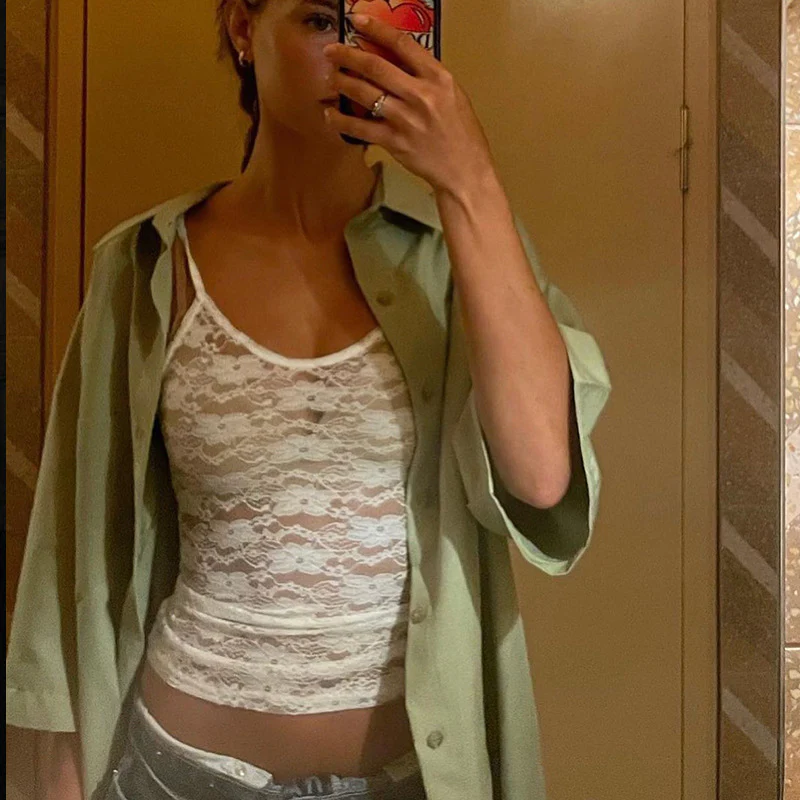 DEANWANGKT 2025 Spice Girls Fashion Plum Blossom Lace Big U-Neck Suspender, Niche Sexy Perspective Slim Top Wholesale - Deanwangkt