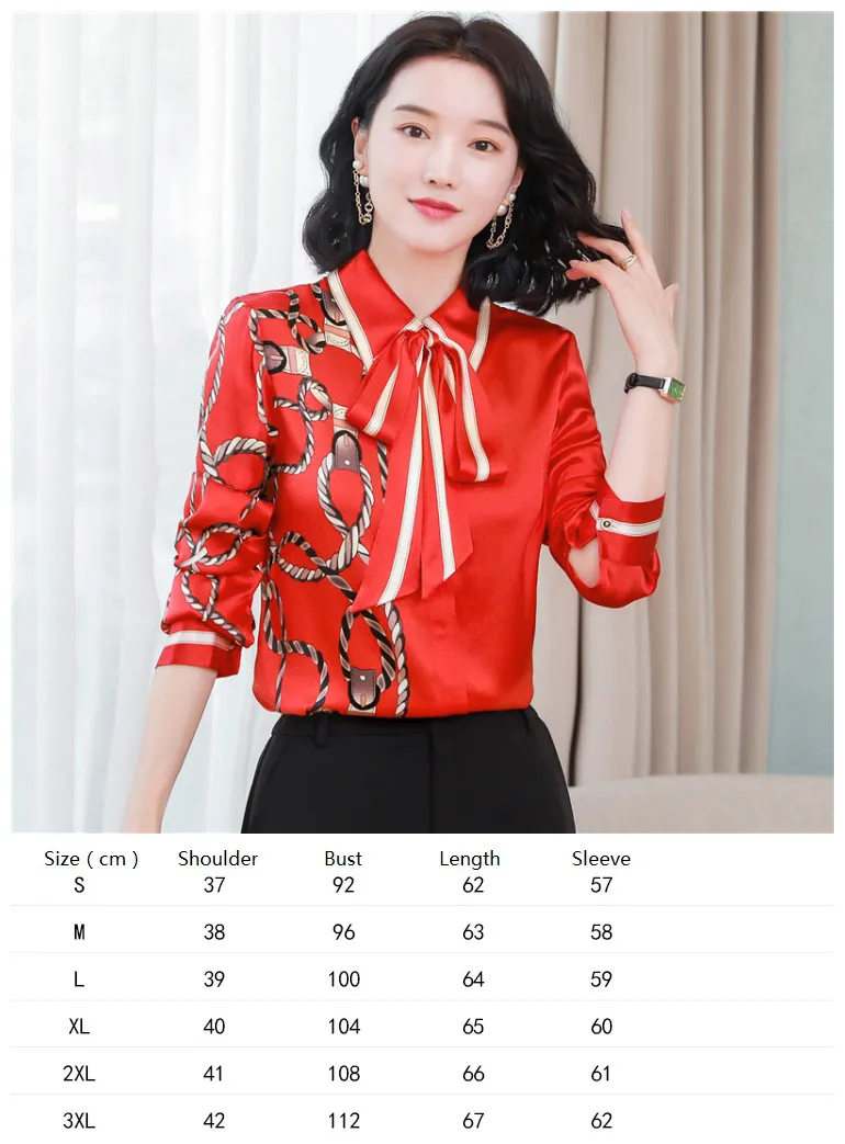 Women's Designer Floral Printed Shirt With Neck Bow Plus Size Elegant Long Sleeve Office Ladies Runway Silk Button Shirts Sweet Girl Chic Satin Blouses Red Tops - Deanwangkt