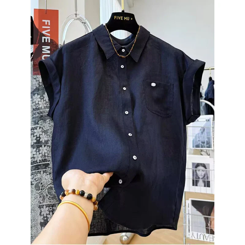 Handmade beads, high-end linen short-sleeved lapel shirt, women's  summer thin fashion temperament shirt - Deanwangkt