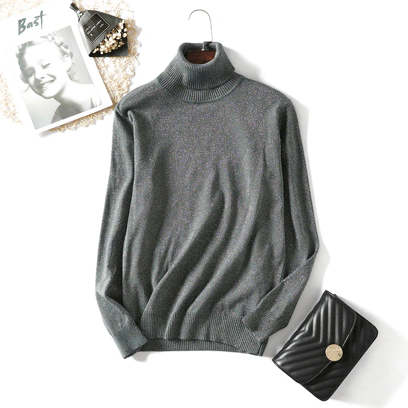 DEANWANGKT 2018 new simple women's sweater turtleneck long-sleeved thick knitted bright thread jumper slim Korean version bottoming shirt - Deanwangkt
